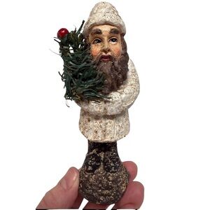 Vintage Old World Santa Claus Holiday Ornament Resin White/Brown EUC